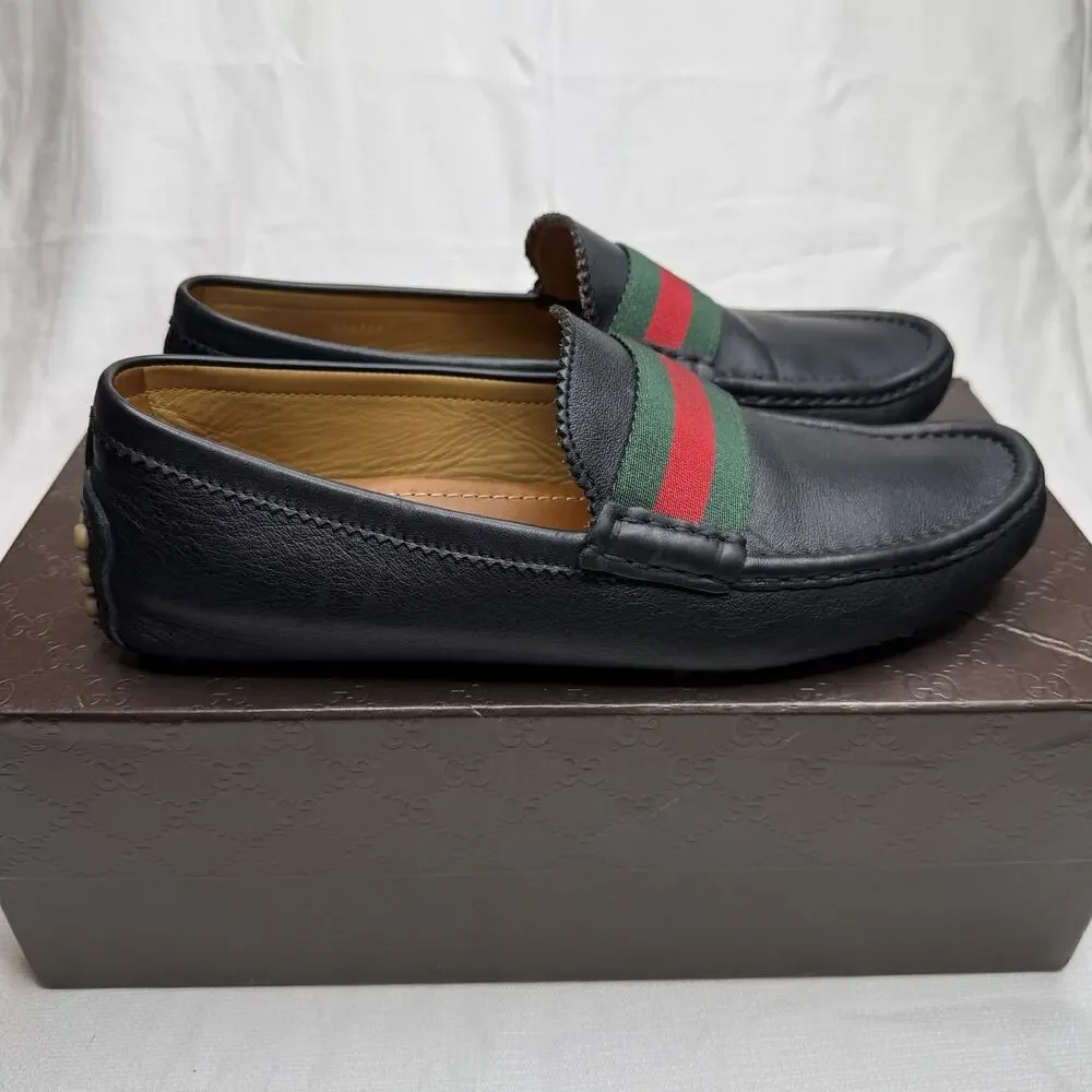 Men's GUCCI 'Miro' Web Black Leather Loafers Size US 8 - G GUCCI Driving